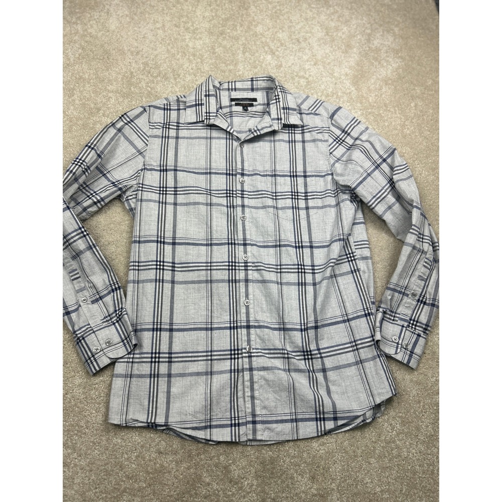 Marc Anthony Men's Shirt M Gray Plaid Slim Fit Stretch Cotton Button Down